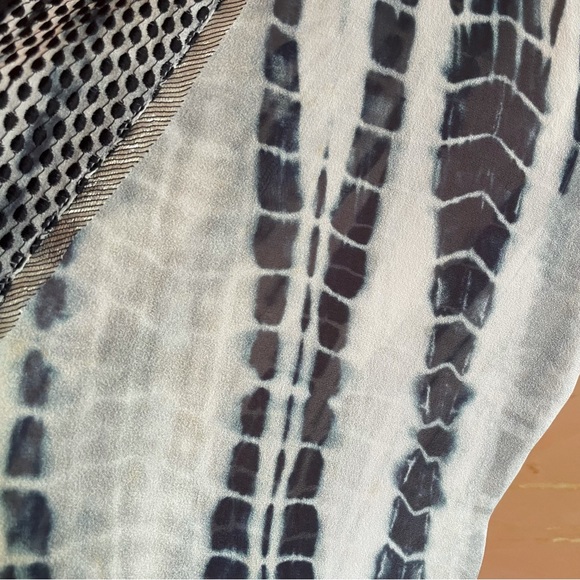 Burning Torch Upcycled Silk Blouse in Tie Dye Indigo on light Gray mesh detail - Picture 14 of 16
